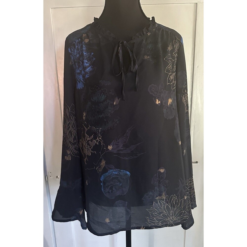 Carolina Belle Blouse Black Floral Print Lightweight Bell Sleeve Tie Neck Sz SP